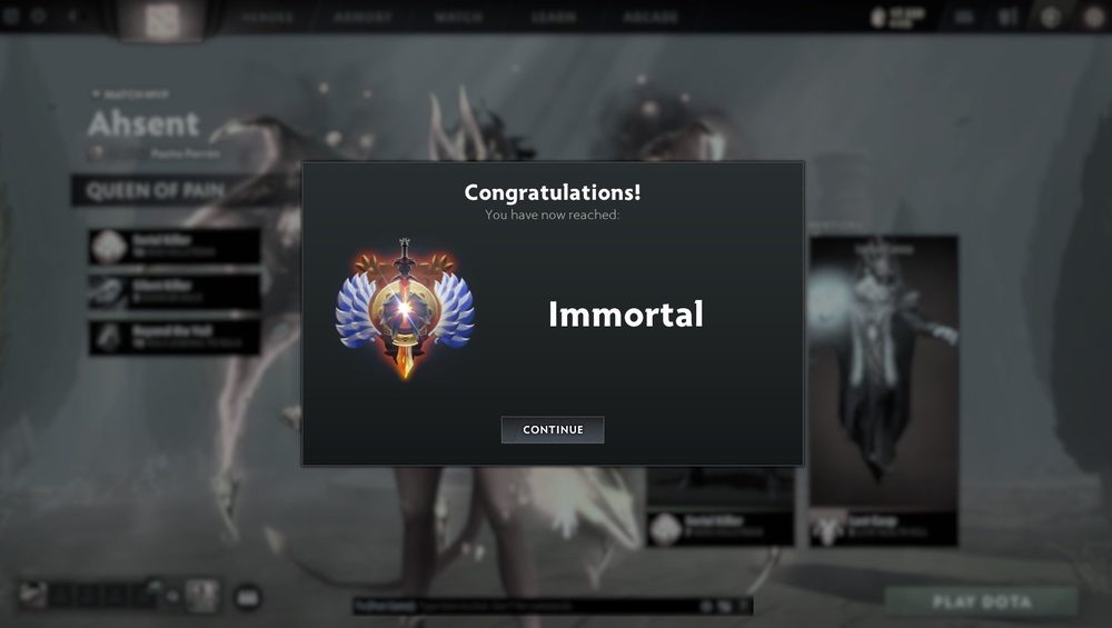Dota 2 Immortal rank achievement screen, username Ahsent